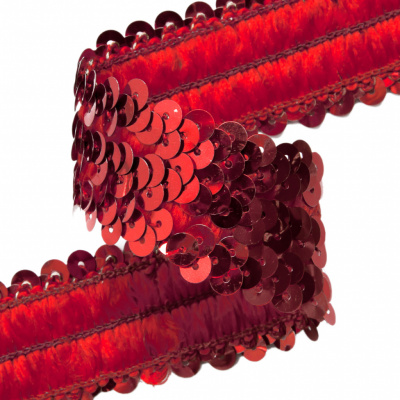 Тесьма с пайетками 3, шир. 30 мм/уп. 25+/-1 м, цвет красный - купить в Новом Уренгое. Цена: 1 087.39 руб.